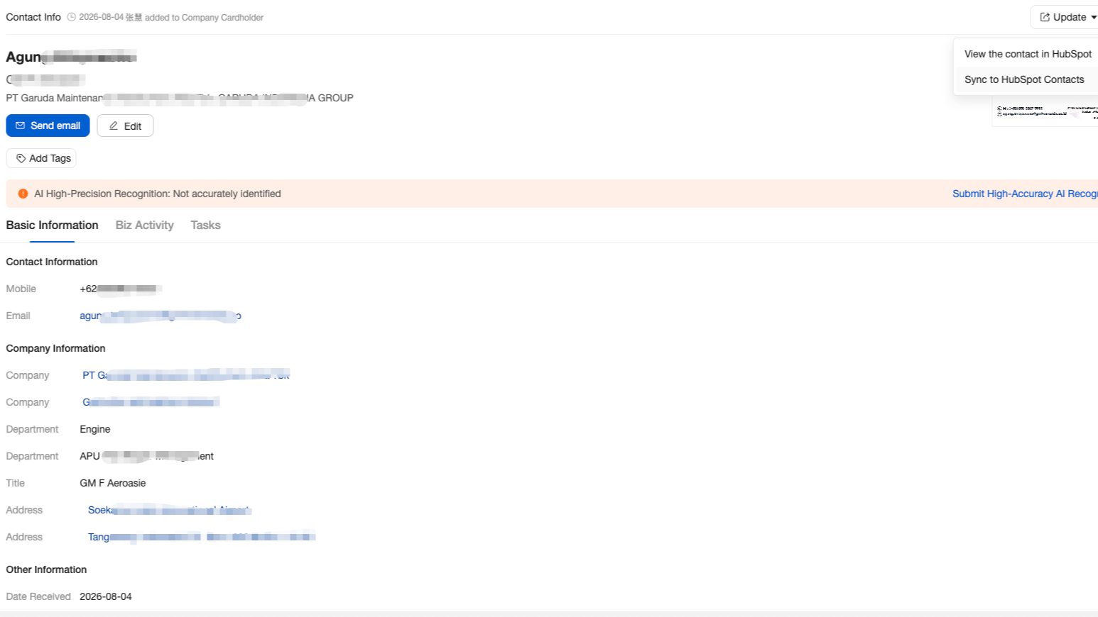 Update our contact info to hubspot