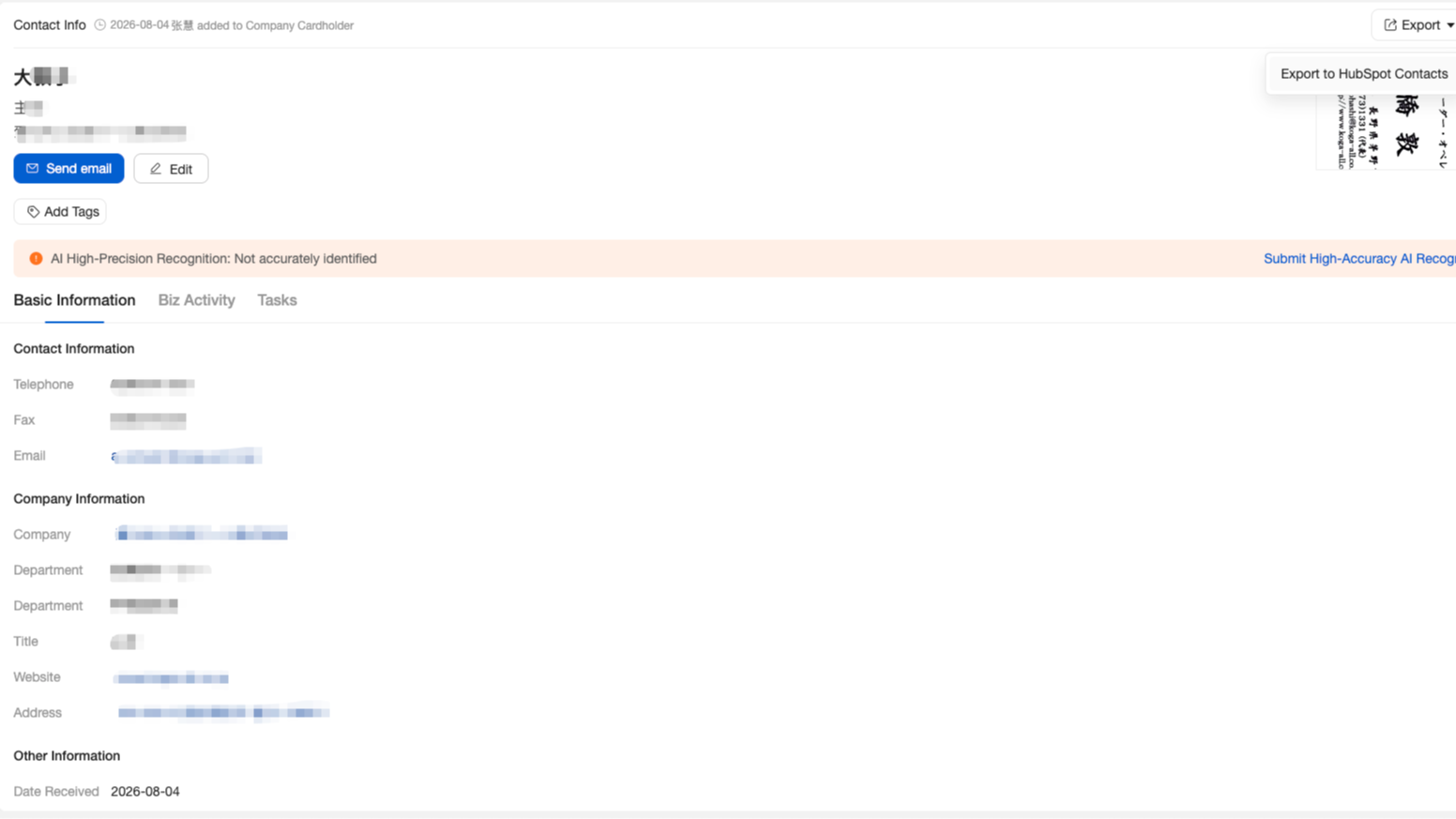 Export our contact info to hubspot